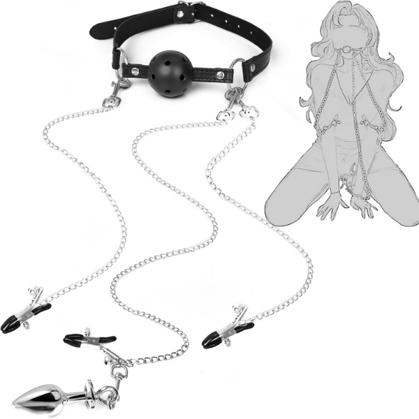 Gizemli Oda4’ü 1 Arada Bondage Seti – Ağızlık, Klipsler ve Anal Plug Zincir