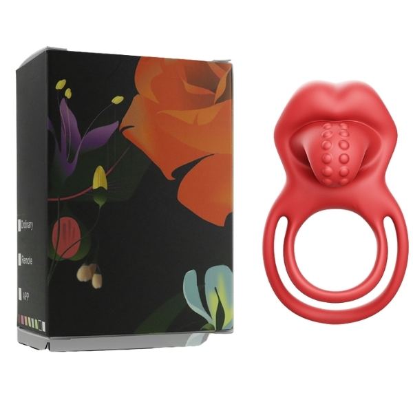 Gizemli Oda Kırmızı Dudak Dil Şeklinde Şarjlı Titreşimli Penis Halkası